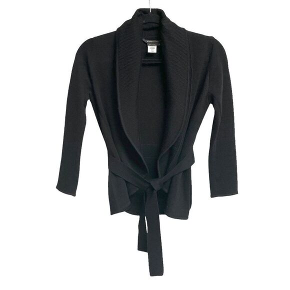 𝅺BCBGMAXAZRIA Merino Wool Knit Cardigan Blazer Jacket Tie Waist Black XS - Picture 1 of 5